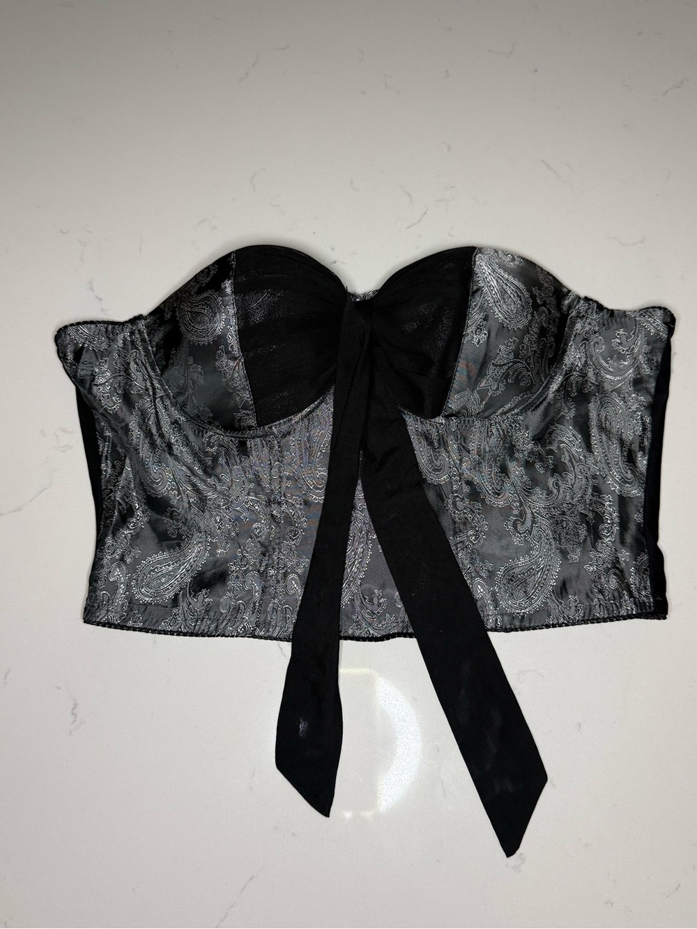 Strapless Black Paisley Satin Bandeau Bustier